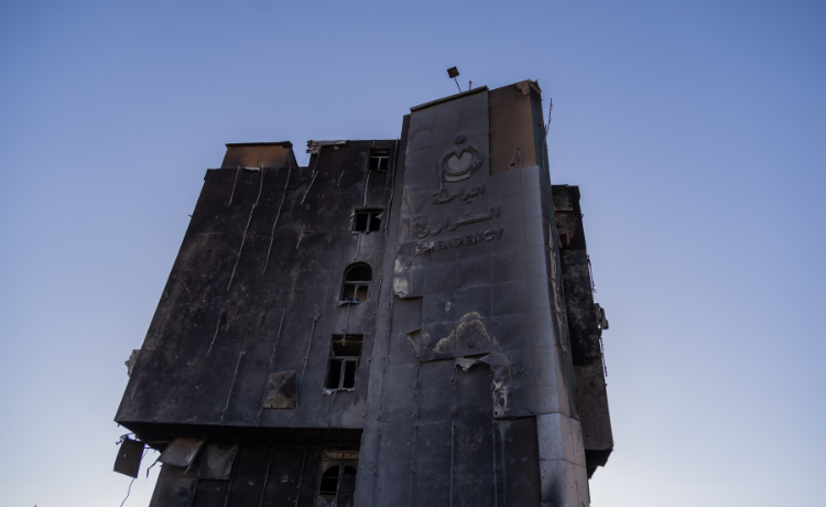 The blackened shell of the Braga hospital in Khartoum. Some 80 per cent of Sudan’s health facilities have been destroyed, damaged or are unable to fully operate, leaving millions in need of urgent health support. © UNFPA Sudan