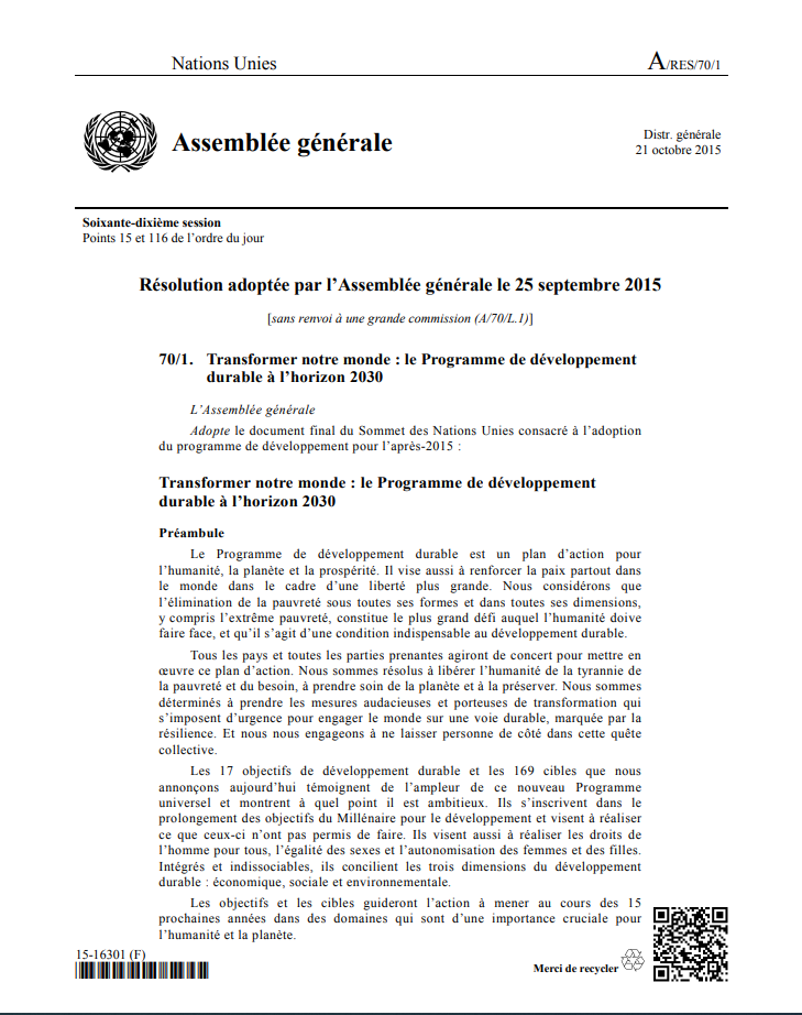 Transformer notre monde : le Programme de développement durable à l’horizon 2030