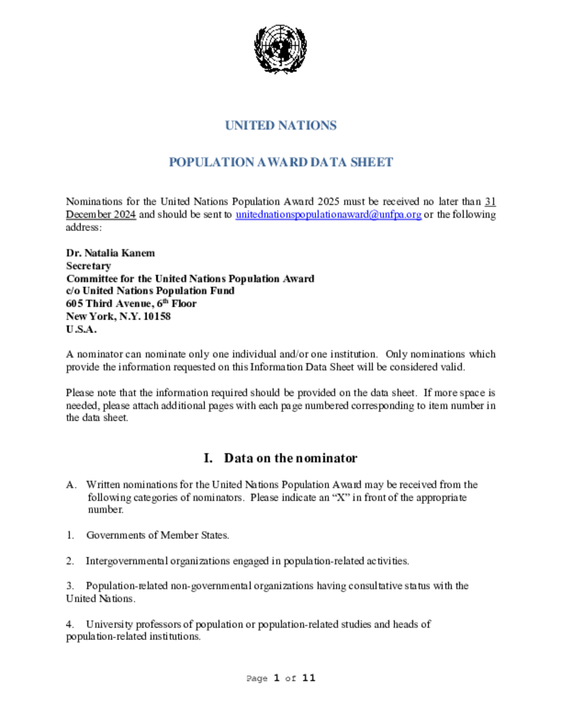 UN Population Award nomination form