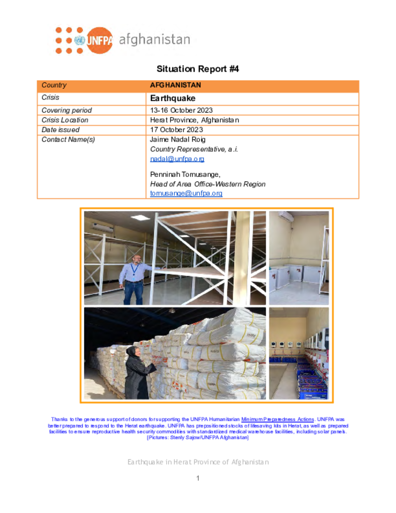 UNFPA Afghanistan Situation Report (Herat Province) #4: 13-16 October 2023