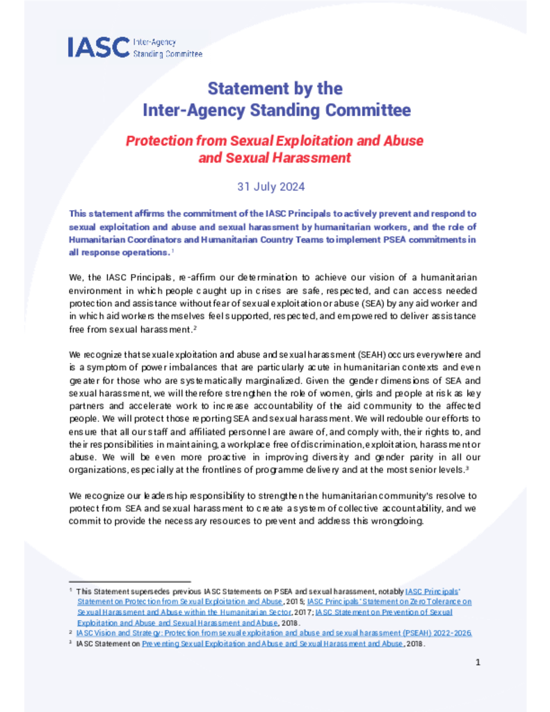 Statement by the Inter-Agency Standing Committee on Protection from Sexual Exploitation and Abuse and Sexual Harassment