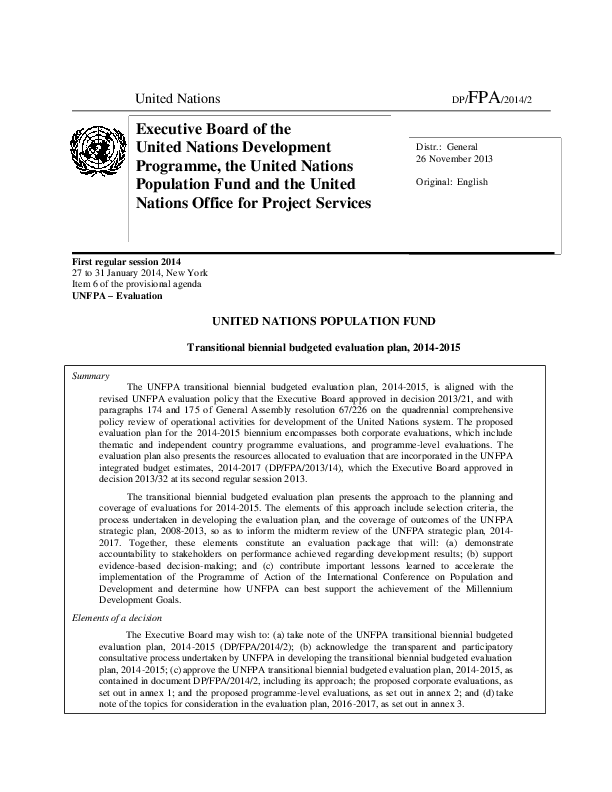 Transitional biennial budgeted evaluation plan, 2014-2015