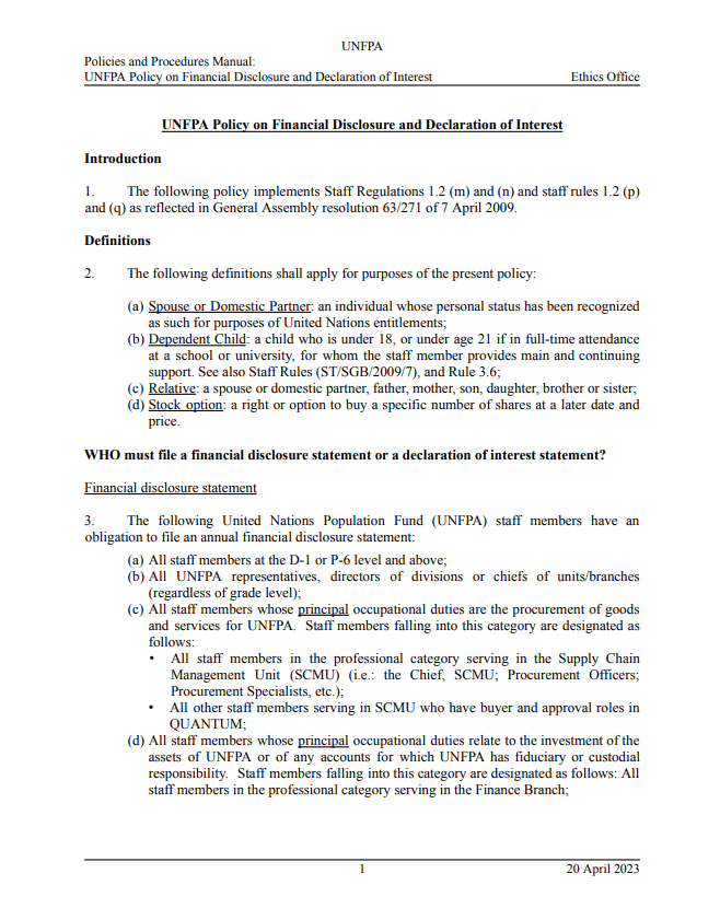 UNFPA Policy on Financial Disclosure and Declaration of Interest UNFPA Policy on Financial Disclosure and Declaration of Interest