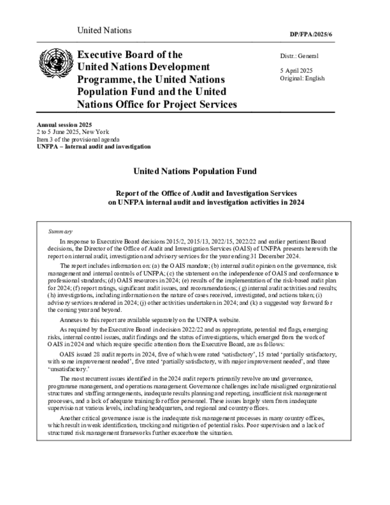 Report of the Director of the Office of Audit and Investigation Services on UNFPA internal audit and investigation activities in 2024
