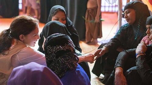 UNFPA Goodwill Ambassador visits Rohingya refugee women at a women-friendly space in Cox’s Bazar, Bangladesh. Six months ago, a massive influx of refugees began to pour into Bangladesh, fleeing the violence in Myanmar. © UNFPA/Lauren Anders Brown 